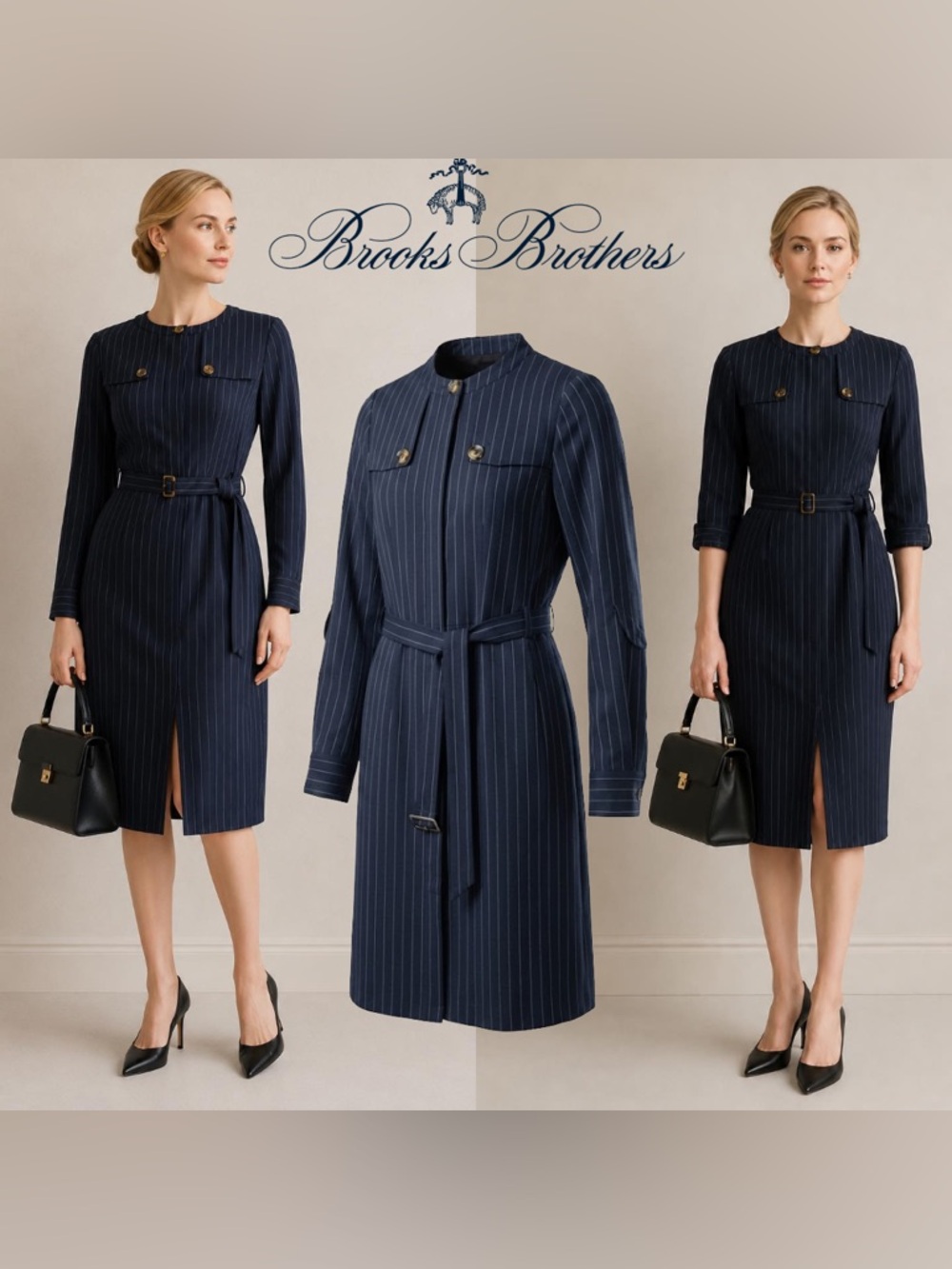 Brooks Brothers Navy Pinstripe Long Sleeve Belted Shirt Dress Old Money Career 2